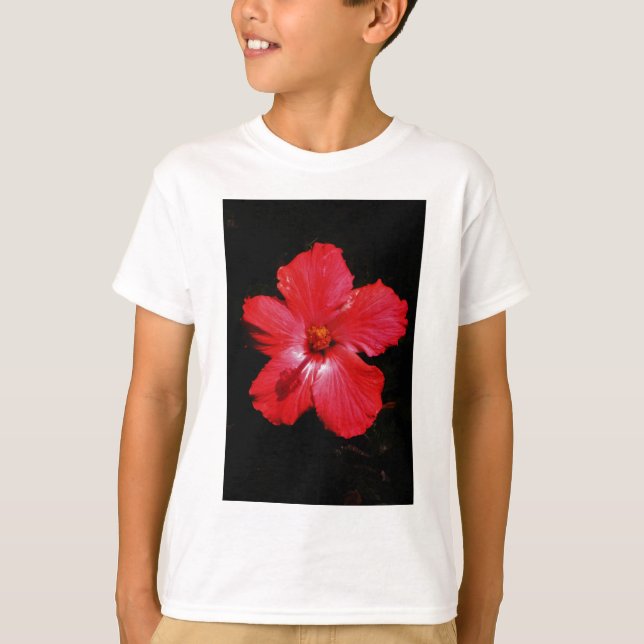 Camiseta Flor de Hibiscus rojo rosado caliente en negro (Anverso)