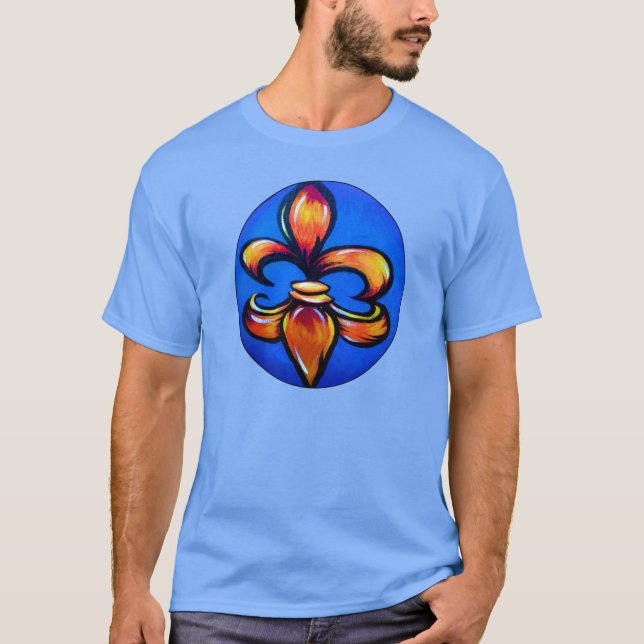 Camiseta Flor de Lis naranja sobre fondo azul (Anverso)