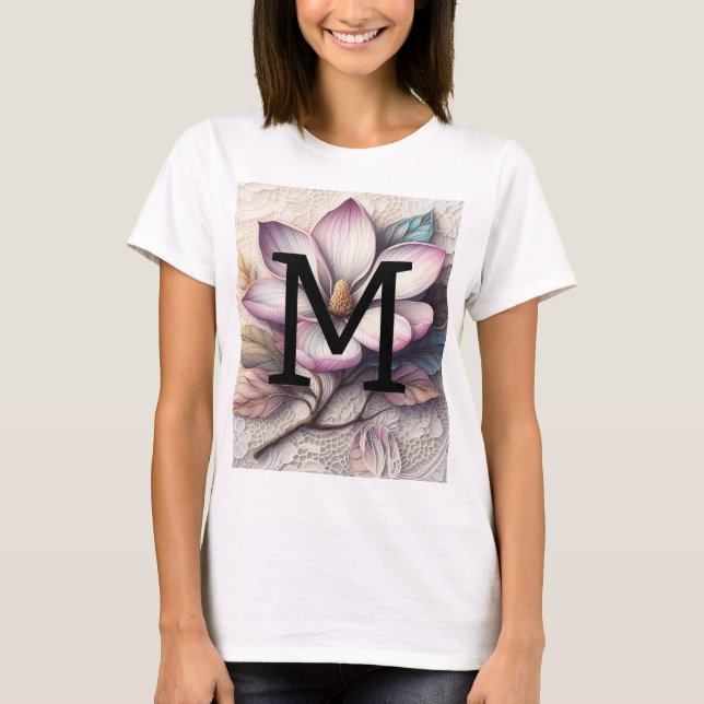 Camiseta Flor de magnolia morada rosa de encaje floral mono (Anverso)