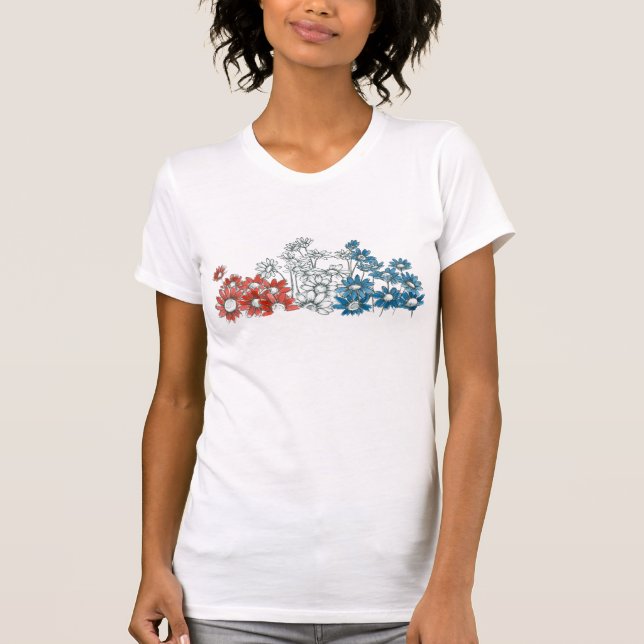 Camiseta Flor de margarita patriótica 4 de julio azul blanc (Anverso)