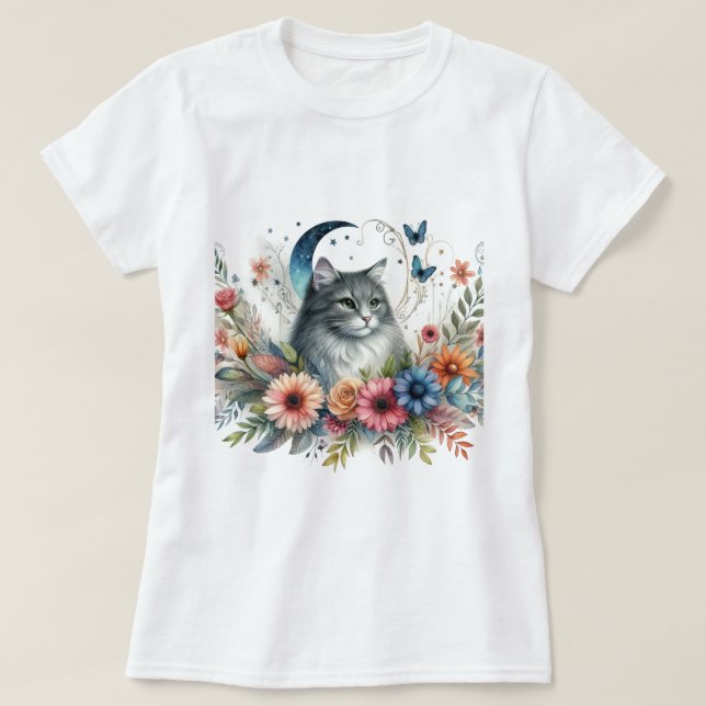 Camiseta Flor de mariposa azul de gato gris (Diseño del anverso)