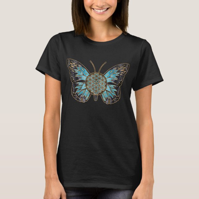 Camiseta Flor de mariposa de la vida - Piedra azul y oro (Anverso)