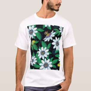 Camiseta Flor de pasionero negro fondo floral sin soldadura
