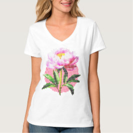 Camiseta Flor de Peonía Rosa con Mosaico de Puntos en Cuell