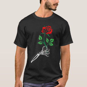 Camiseta Flor De Rosa Roja De Mano De Esqueleto Para Hombre