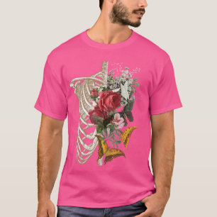 Camiseta Flor de rosas rojas en el cuerpo del esqueleto