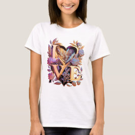 Camiseta Flor elegante, corazón y amor dorado