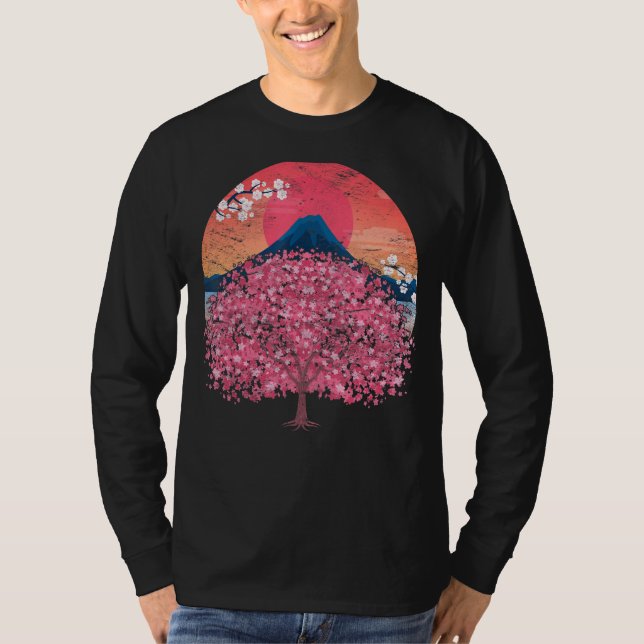 Camiseta Flor japonesa rosa Sakura Mountain Sunset Cherry (Anverso)