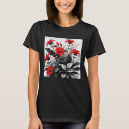 Camiseta Flor Roja Sobre La Planta Blanca Negra