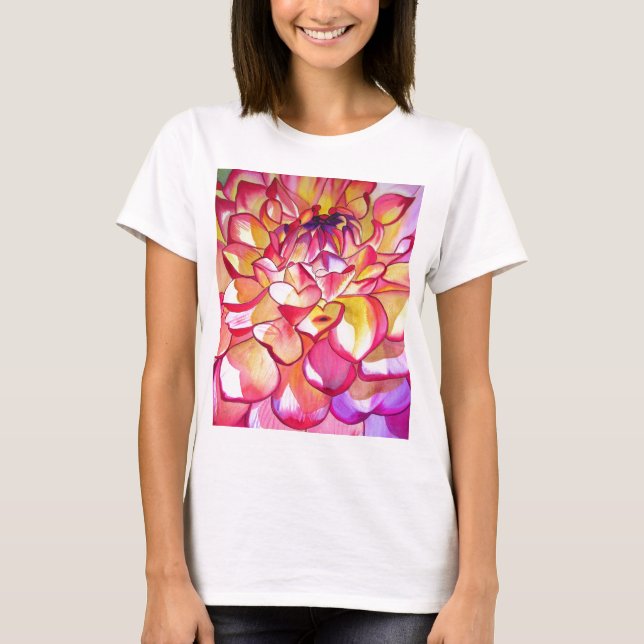 Camiseta Flor rosa de Dahlia acuarela arte fino (Anverso)