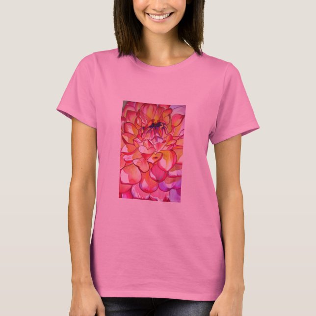 Camiseta Flor rosa de Dahlia acuarela arte fino (Anverso)