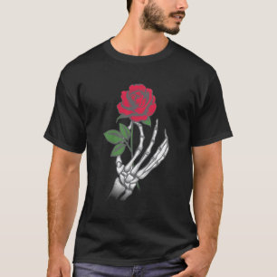 Camiseta Flor rosa roja de la mano del esqueleto