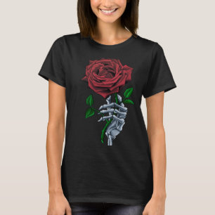 Camiseta Flor rosa roja de la mano del esqueleto