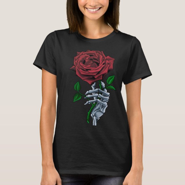 Camiseta Flor rosa roja de la mano del esqueleto (Anverso)