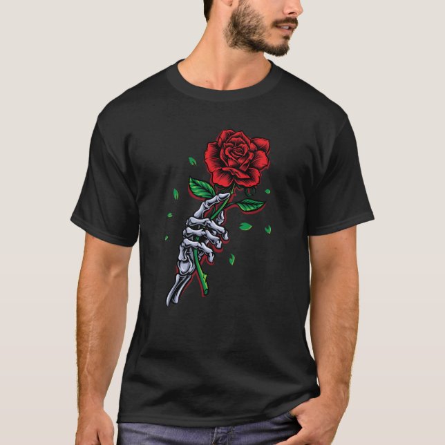 Camiseta Flor rosa roja de la mano del esqueleto (Anverso)
