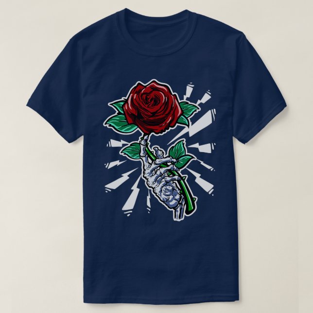 Camiseta Flor rosa roja de la mano del esqueleto del tatuaj (Diseño del anverso)
