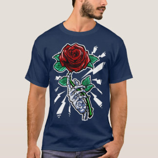 Camiseta Flor rosa roja de la mano del esqueleto del tatuaj