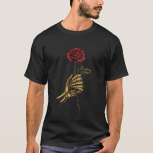 Camiseta Flor rosa roja Rosa de mano de esqueleto