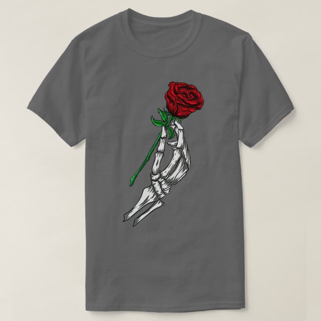 Camiseta Flor Skeleton Mano Holding Rosa Roja (Diseño del anverso)