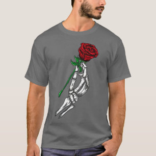 Camiseta Flor Skeleton Mano Holding Rosa Roja