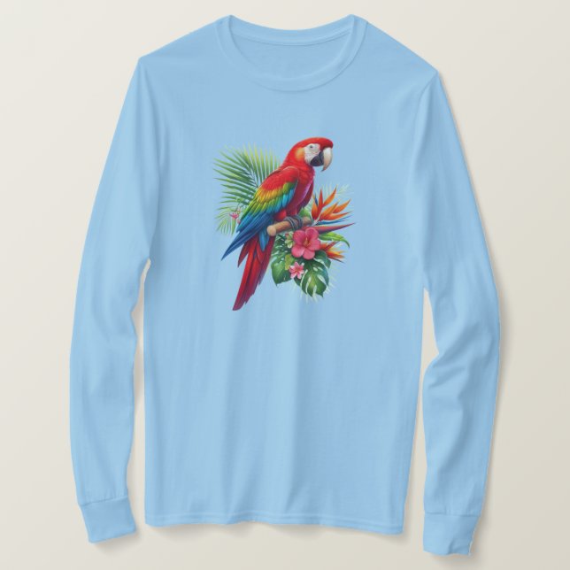 Camiseta Flor tropical de macao rojo (Anverso del diseño)