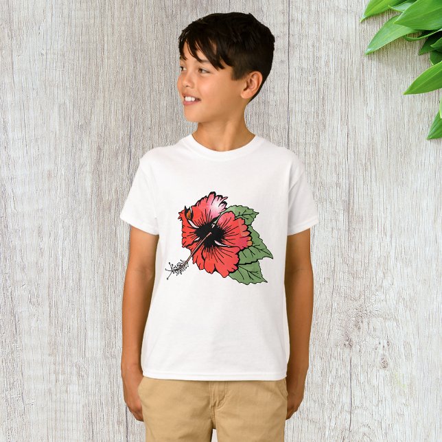 Camiseta Flor tropical roja hibiscus con hojas verdes (Subido por el creador)