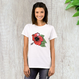 Camiseta Flor tropical roja hibiscus con hojas verdes