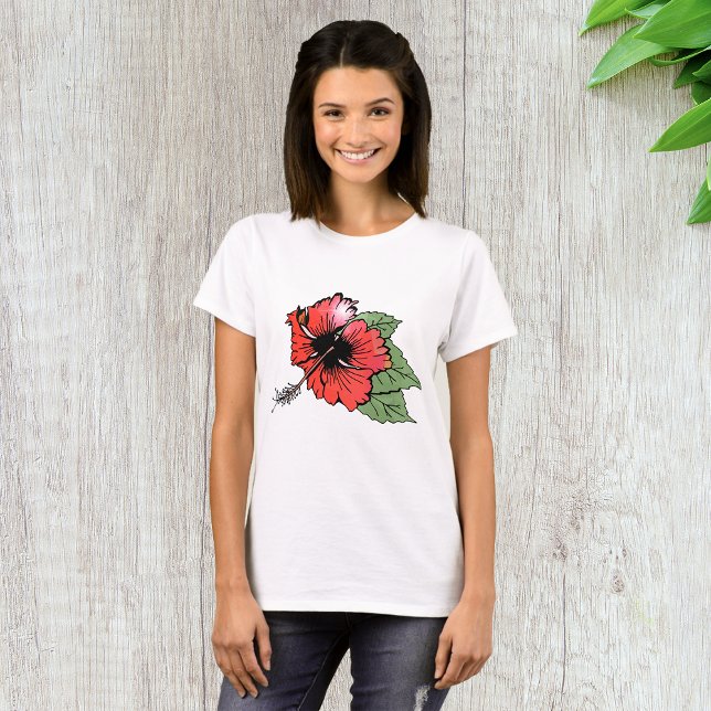 Camiseta Flor tropical roja hibiscus con hojas verdes (Subido por el creador)