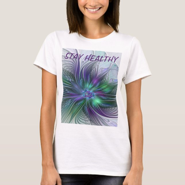 Camiseta Flor verde morada Moderna Resumen arte fractal (Anverso)
