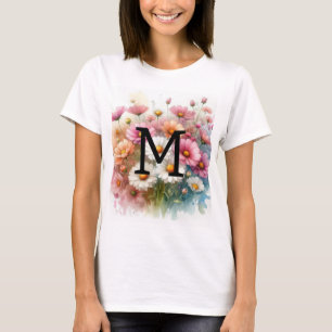 Camiseta Flora acuarela floral monograma dásidos rosados fl