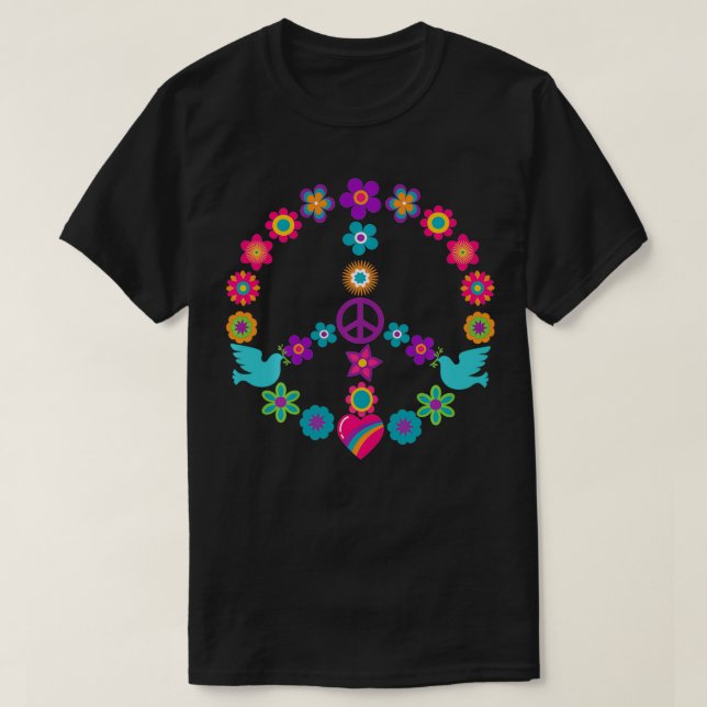 Camiseta Floral 60's 70s Flower Power Dove Hippie Gift (Diseño del anverso)