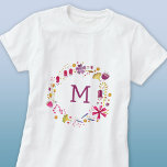 Camiseta Floral acuática monográfica moderna<br><div class="desc">Una acuarela floral de bonito rodeaba un moderno monograma inicial. Personalice cambiando la inicial. Arte original de Nic Squirrell.</div>