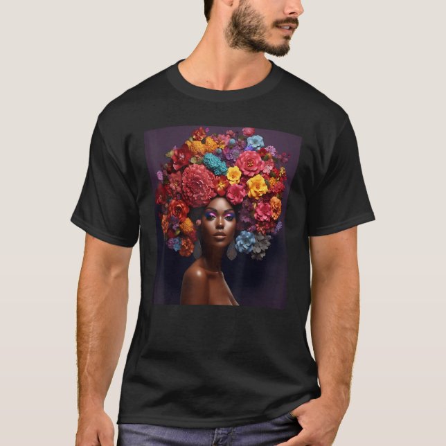 Camiseta Floral Afro Woman Black Queen Puff Melanin Rainbow (Anverso)