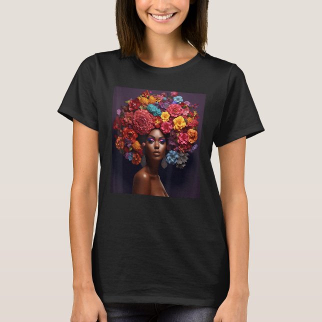 Camiseta Floral Afro Woman Black Queen Puff Melanin Rainbow (Anverso)