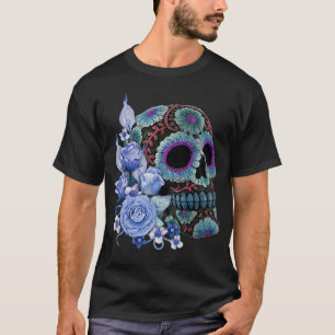 Camiseta Floral Azul Floral Black Sugar Skull Day Of The De