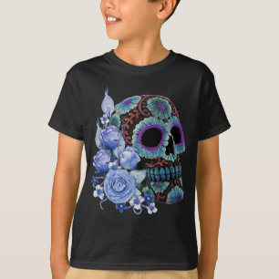 Camiseta Floral Azul Floral Black Sugar Skull Day Of The De