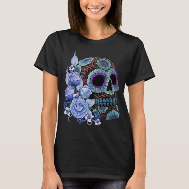 Camiseta Floral Azul Floral Black Sugar Skull Day Of The De (Anverso)