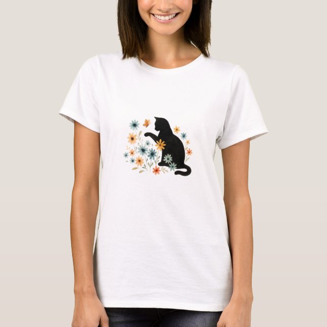 Camiseta Floral Black Cat Watercolor T-Shirt for Women (Anverso)