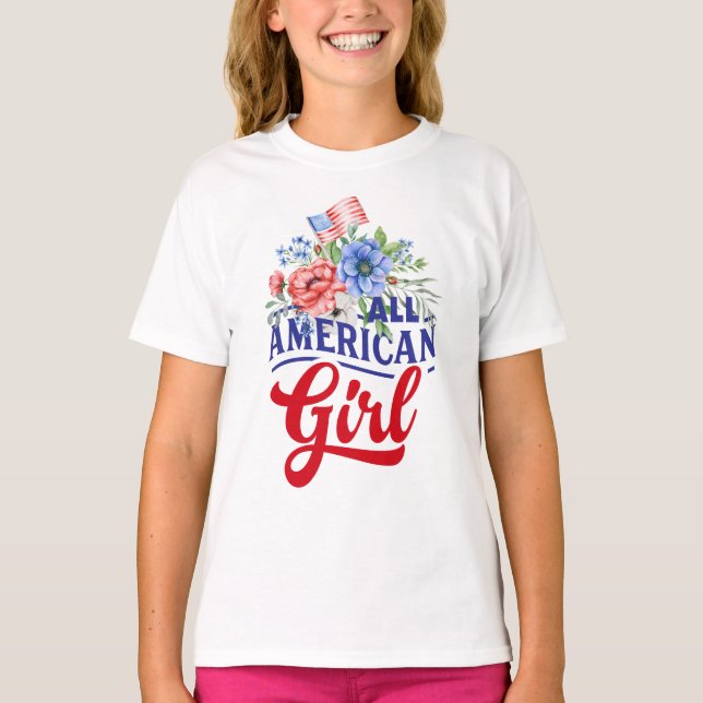 Camiseta Floral blanca y azul Todo Chica americano T-Shir (Anverso)