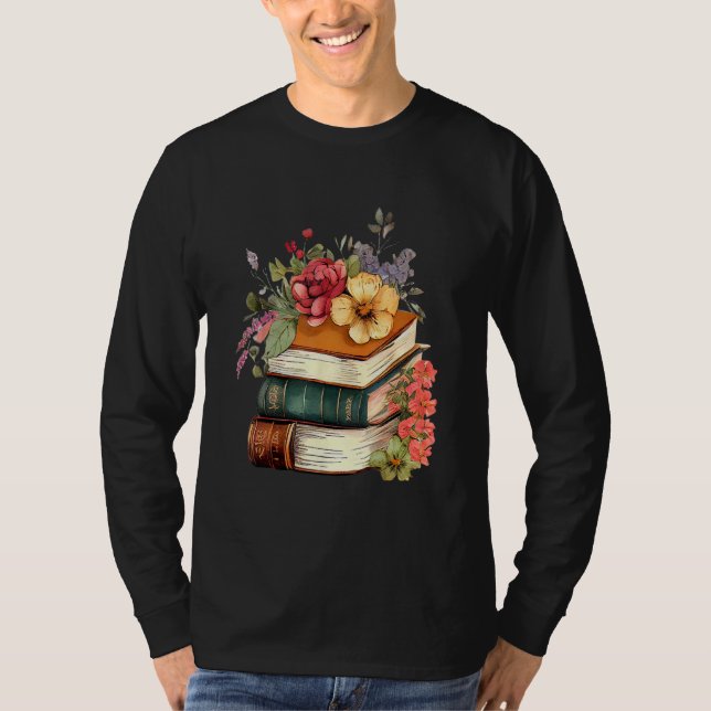 Camiseta Floral Book Stack Reading Book  Old Books Flowers (Anverso)