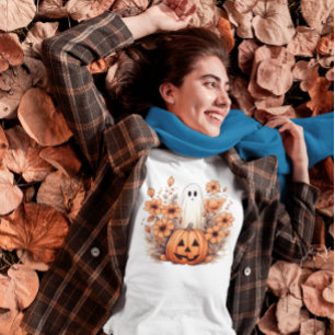 Camiseta Floral Caída Halloween Calabaza Fantasma