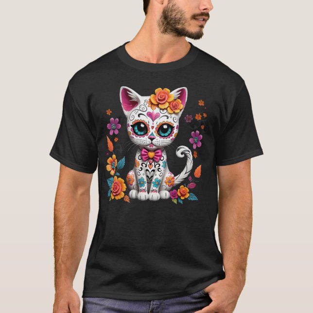 Camiseta Floral Cat Sugar Skull Day of the Dead Dia de los  (Anverso)