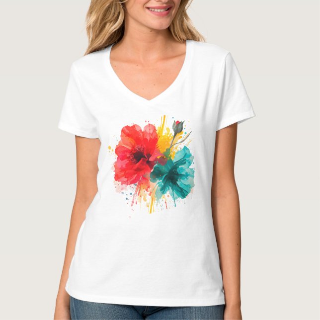 Camiseta floral colorida de las mujeres - (Anverso)