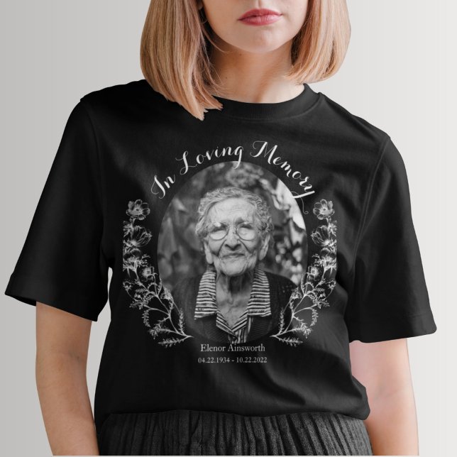 Camiseta Floral conmemorativa en memoria amorosa foto negra (Memorial Floral In Loving Memory Photo Black T-Shirt)