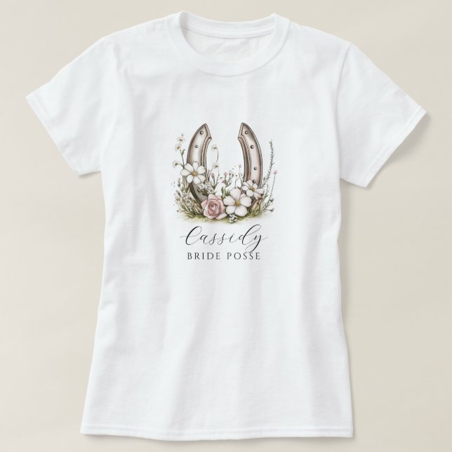 Camiseta Floral Cowgirl Bride Posse Floral Horseshoe (Diseño del anverso)