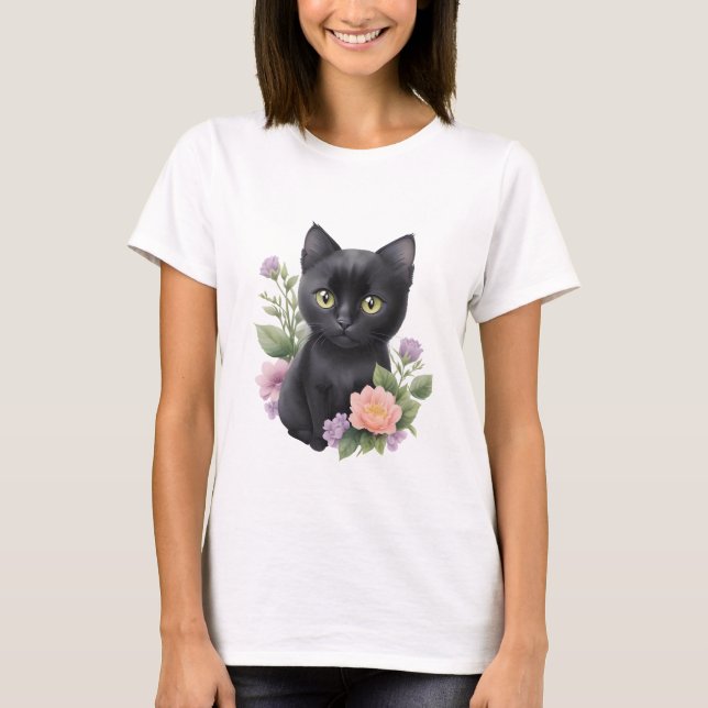Camiseta Floral cúrcuma de gato negro (Anverso)