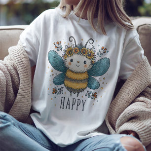 Camiseta floral de acuarela feliz abeja linda
