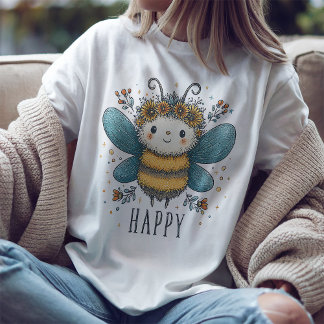 Camiseta floral de acuarela feliz abeja linda