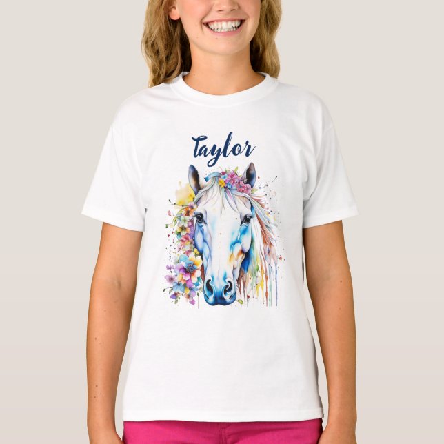 Camiseta Floral de caballo blanco de bonito personalizada (Anverso)