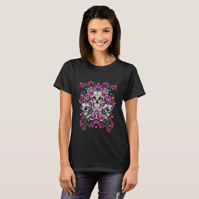 Camiseta Floral de calavera, acuarela de esqueleto rosa, Ha (Anverso completo)